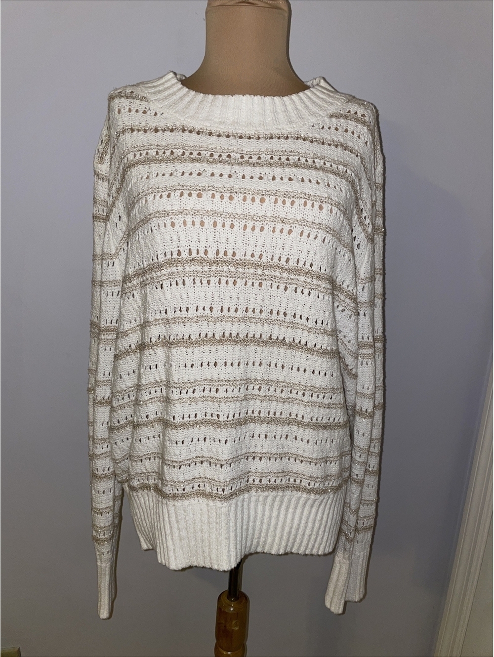 LOFT Sz XL  White & Gold MOCK NECK SWEATER Pullover Women’s